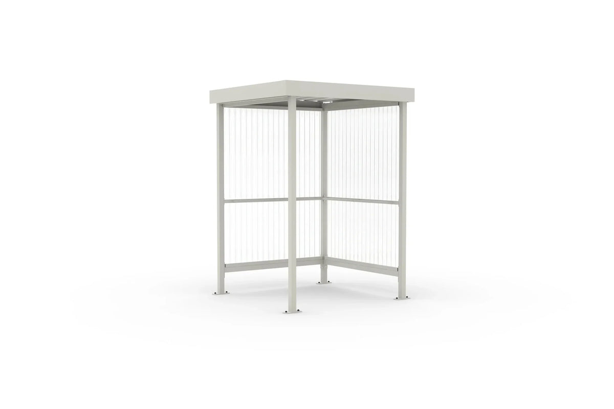 Raucherunterstand Jena RAL 9002 grauweiß, 1720 × 1580 mm, Flachdach mit Trapezblech, Rück- und Seitenwand aus transparentem Wellpolycarbonat, Anlehnbügel serienmäßig – Stahlbausatz zur Eigenaufstellung