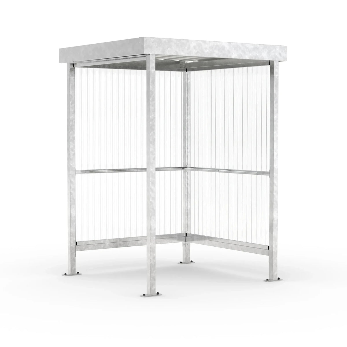 Raucherunterstand Jena feuerverzinkt, 1720 × 1580 mm, Flachdach mit Trapezblech, Rück- und Seitenwand aus transparentem Wellpolycarbonat, Anlehnbügel serienmäßig – Stahlbausatz zur Eigenaufstellung