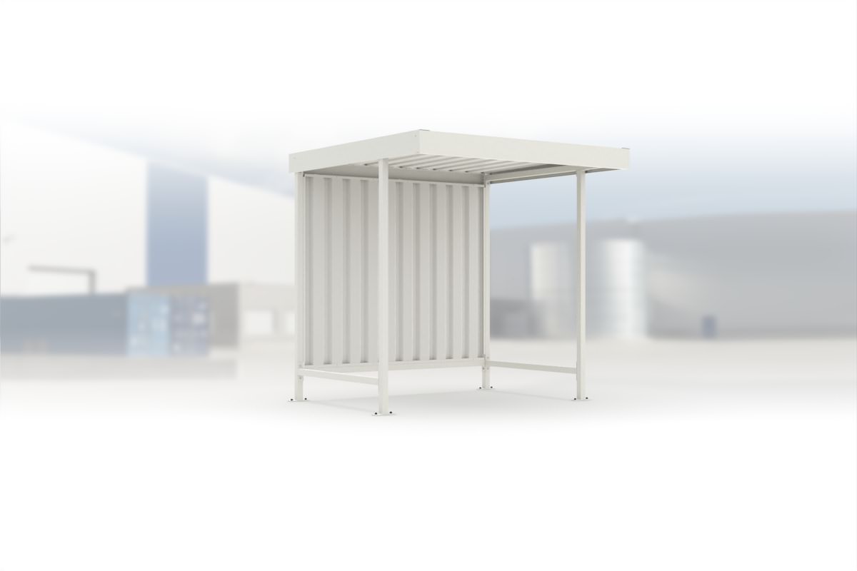 Überdachung Leipzig L10 RAL 9002 grauweiß, 2250 × 2200 mm, Flachdach mit Trapezblech, ohne Seitenwände, mit Rückwand – Stahlbausatz zur Eigenaufstellung