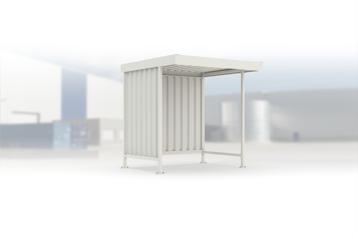Überdachung Leipzig L10 RAL 9002 grauweiß, 2250 × 2200 mm, Flachdach mit Trapezblech, mit Trapezblech-Seitenwand links, mit Rückwand – Stahlbausatz zur Eigenaufstellung