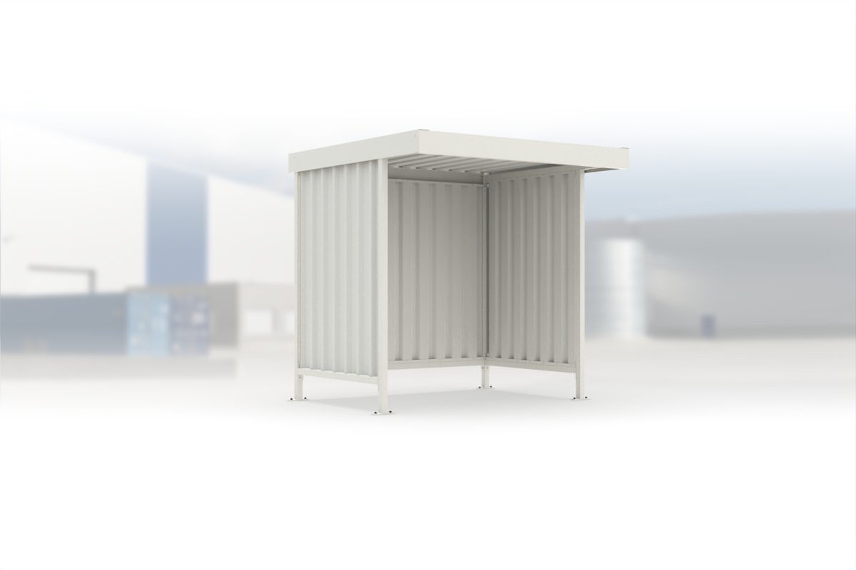 Überdachung Leipzig L10 RAL 9002 grauweiß, 2250 × 2200 mm, Flachdach mit Trapezblech, mit Trapezblech-Seitenwänden links und rechts, mit Rückwand – Stahlbausatz zur Eigenaufstellung