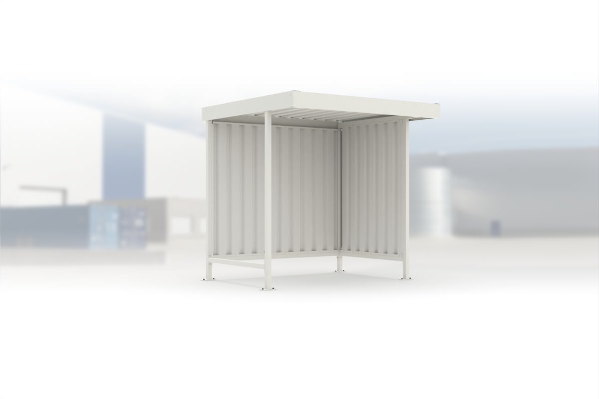 Überdachung Leipzig L10 RAL 9002 grauweiß, 2250 × 2200 mm, Flachdach mit Trapezblech, mit Trapezblech-Seitenwand rechts, mit Rückwand – Stahlbausatz zur Eigenaufstellung