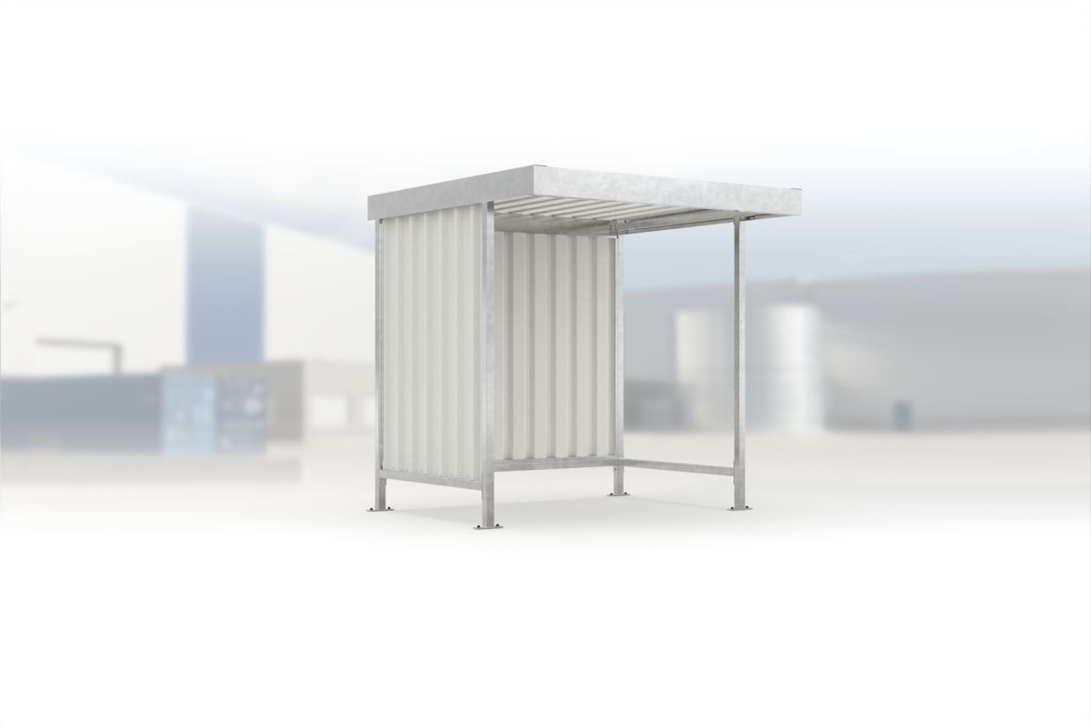 Überdachung Leipzig L10 feuerverzinkt, 2250 × 2200 mm, Flachdach mit Trapezblech, mit Trapezblech-Seitenwand links, mit Rückwand – Stahlbausatz zur Eigenaufstellung