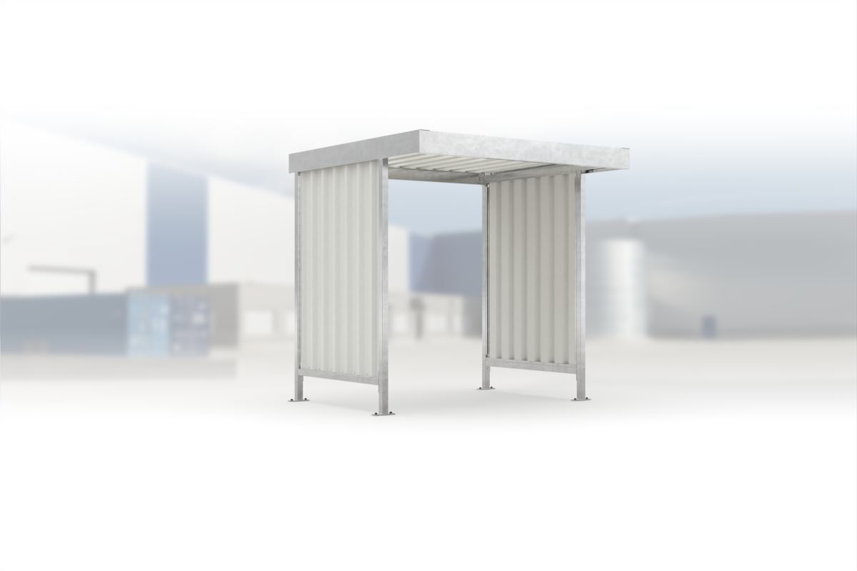 Überdachung Leipzig L10 feuerverzinkt, 2250 × 2200 mm, Flachdach mit Trapezblech, mit Trapezblech-Seitenwänden links und rechts, offene Rückseite – Stahlbausatz zur Eigenaufstellung