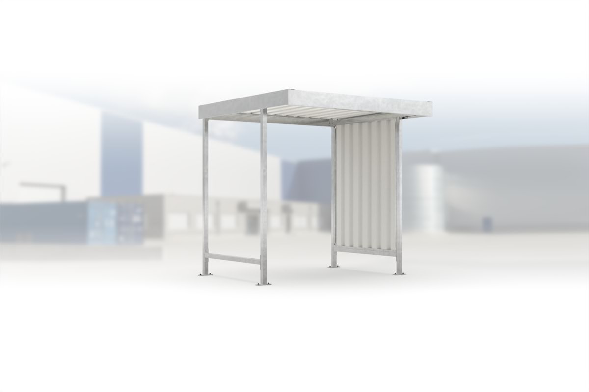 Überdachung Leipzig L10 feuerverzinkt, 2250 × 2200 mm, Flachdach mit Trapezblech, mit Trapezblech-Seitenwand rechts, offene Rückseite – Stahlbausatz zur Eigenaufstellung