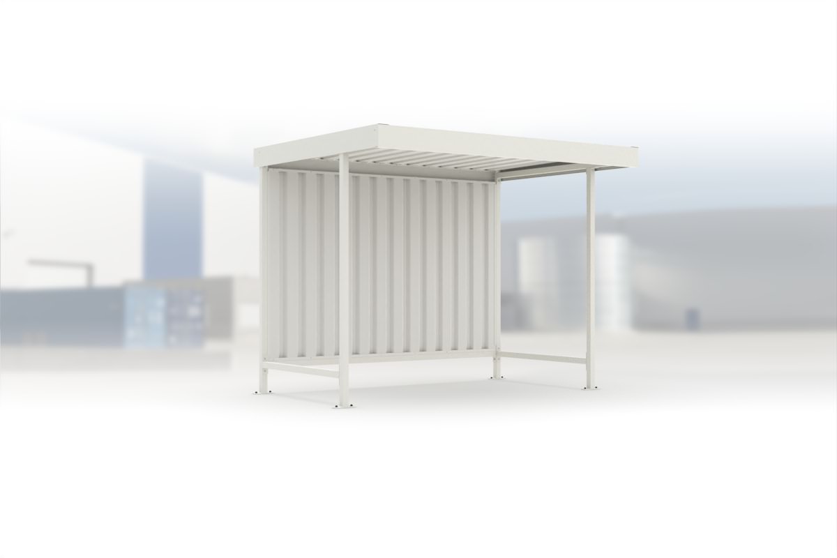 Überdachung Leipzig L12 RAL 9002 grauweiß, 2870 × 2200 mm, Flachdach mit Trapezblech, ohne Seitenwände, mit Rückwand – Stahlbausatz zur Eigenaufstellung