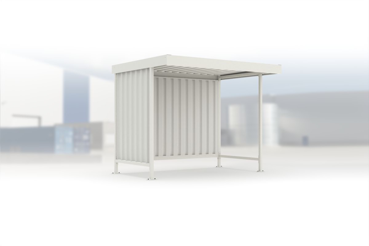 Überdachung Leipzig L12 RAL 9002 grauweiß, 2870 × 2200 mm, Flachdach mit Trapezblech, mit Trapezblech-Seitenwand links, mit Rückwand – Stahlbausatz zur Eigenaufstellung