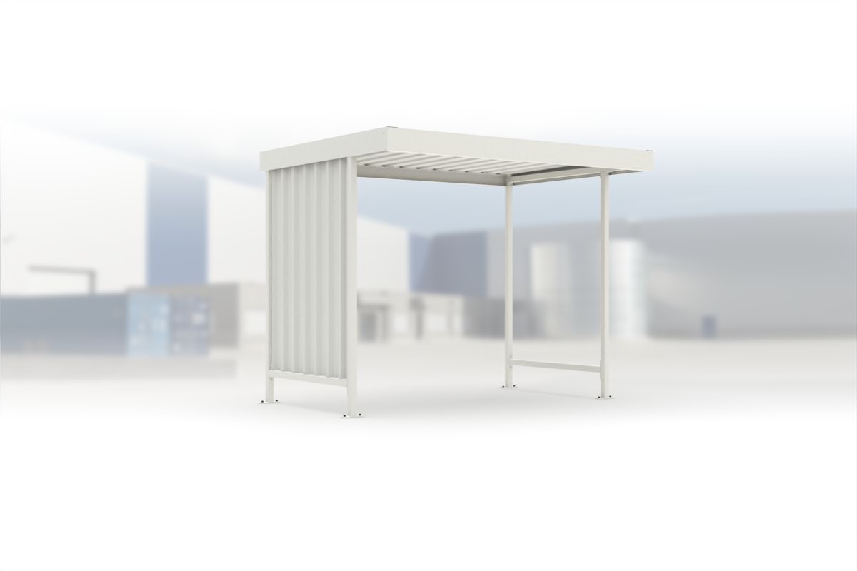 Überdachung Leipzig L12 RAL 9002 grauweiß, 2870 × 2200 mm, Flachdach mit Trapezblech, mit Trapezblech-Seitenwand links, offene Rückseite – Stahlbausatz zur Eigenaufstellung