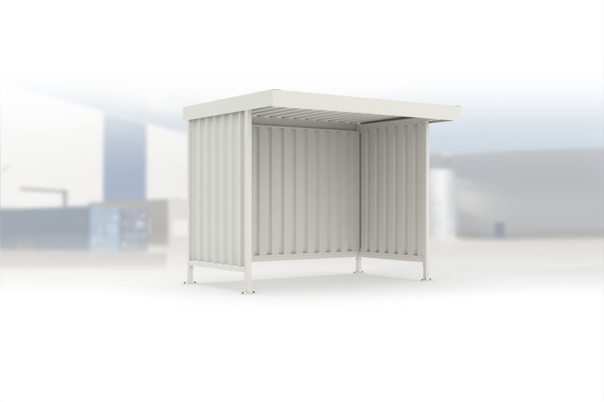Überdachung Leipzig L12 RAL 9002 grauweiß, 2870 × 2200 mm, Flachdach mit Trapezblech, mit Trapezblech-Seitenwänden links und rechts, mit Rückwand – Stahlbausatz zur Eigenaufstellung