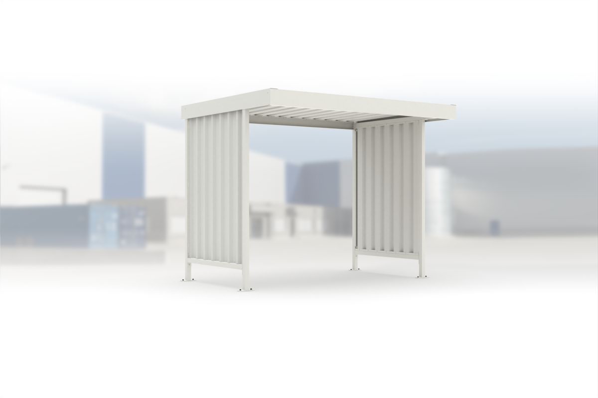 Überdachung Leipzig L12 RAL 9002 grauweiß, 2870 × 2200 mm, Flachdach mit Trapezblech, mit Trapezblech-Seitenwänden links und rechts, offene Rückseite – Stahlbausatz zur Eigenaufstellung