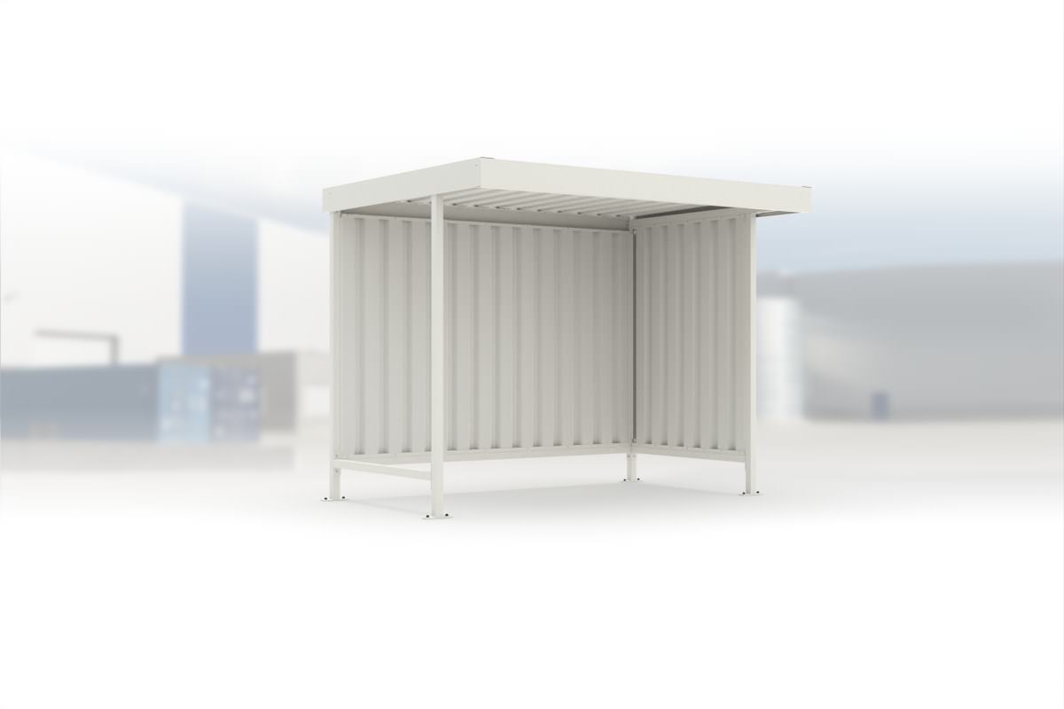 Überdachung Leipzig L12 RAL 9002 grauweiß, 2870 × 2200 mm, Flachdach mit Trapezblech, mit Trapezblech-Seitenwand rechts, mit Rückwand – Stahlbausatz zur Eigenaufstellung