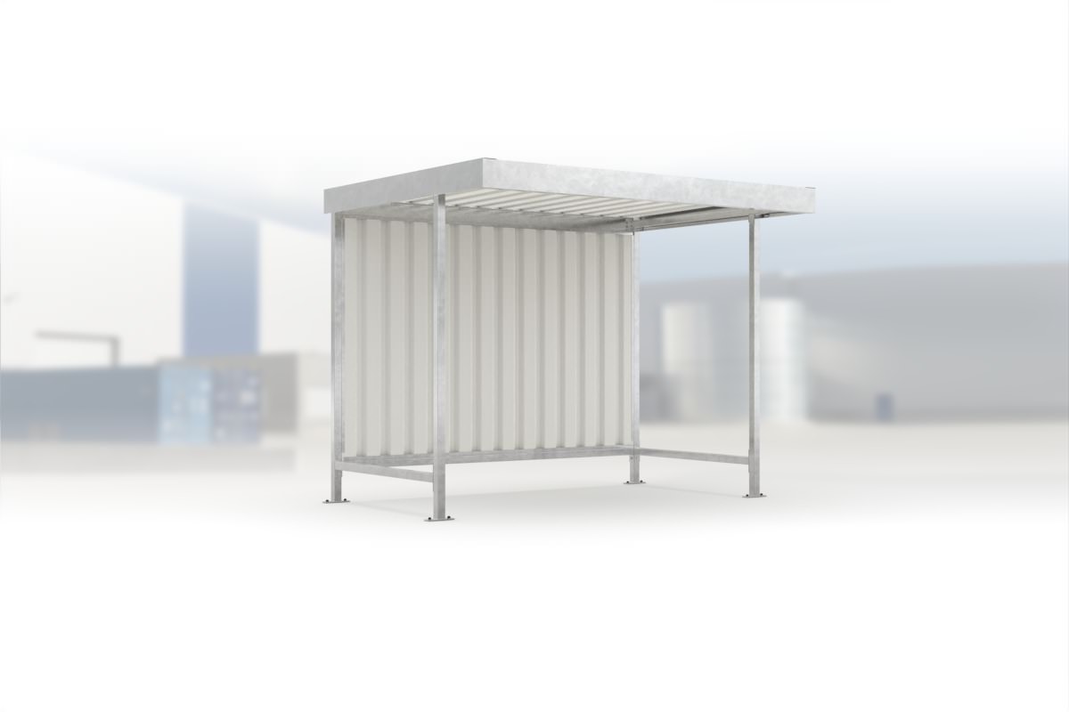 Überdachung Leipzig L12 feuerverzinkt, 2870 × 2200 mm, Flachdach mit Trapezblech, ohne Seitenwände, mit Rückwand – Stahlbausatz zur Eigenaufstellung