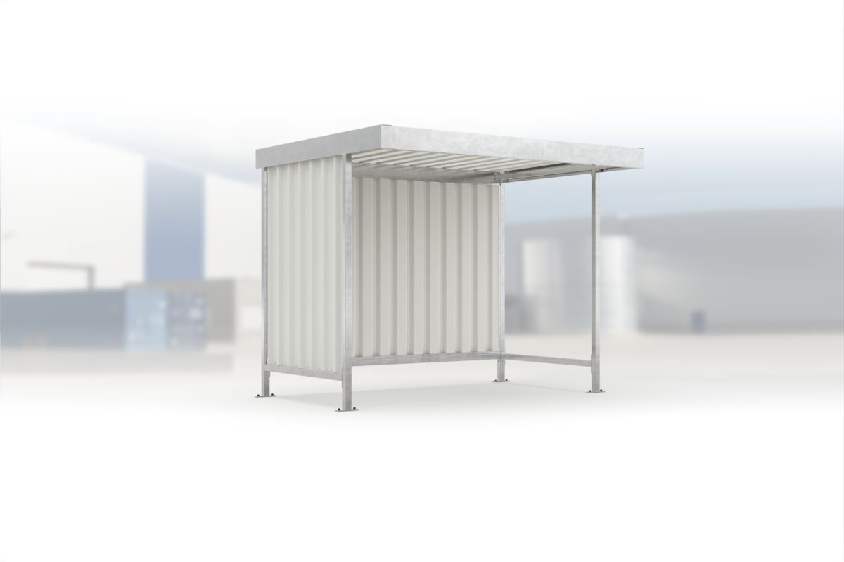 Überdachung Leipzig L12 feuerverzinkt, 2870 × 2200 mm, Flachdach mit Trapezblech, mit Trapezblech-Seitenwand links, mit Rückwand – Stahlbausatz zur Eigenaufstellung