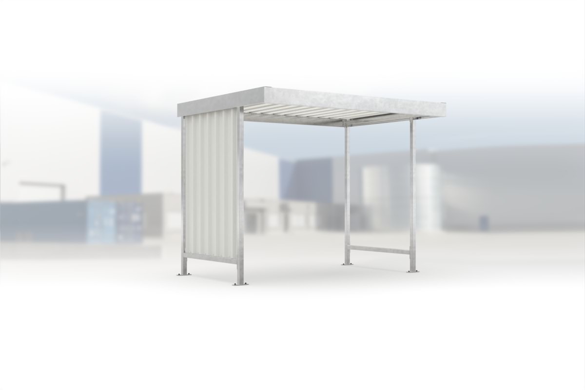 Überdachung Leipzig L12 feuerverzinkt, 2870 × 2200 mm, Flachdach mit Trapezblech, mit Trapezblech-Seitenwand links, offene Rückseite – Stahlbausatz zur Eigenaufstellung