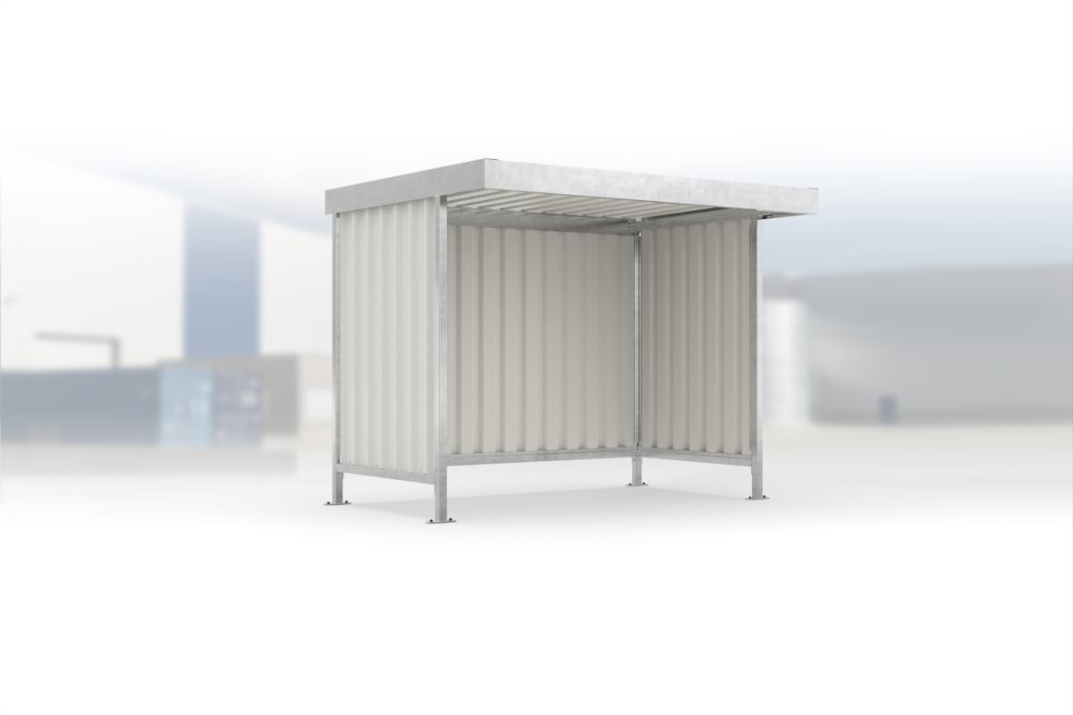 Überdachung Leipzig L12 feuerverzinkt, 2870 × 2200 mm, Flachdach mit Trapezblech, mit Trapezblech-Seitenwänden links und rechts, mit Rückwand – Stahlbausatz zur Eigenaufstellung