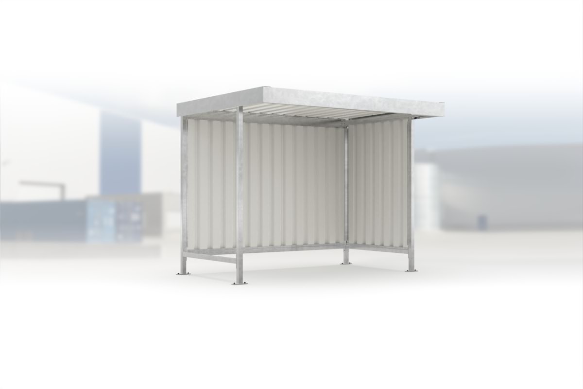 Überdachung Leipzig L12 feuerverzinkt, 2870 × 2200 mm, Flachdach mit Trapezblech, mit Trapezblech-Seitenwand rechts, mit Rückwand – Stahlbausatz zur Eigenaufstellung