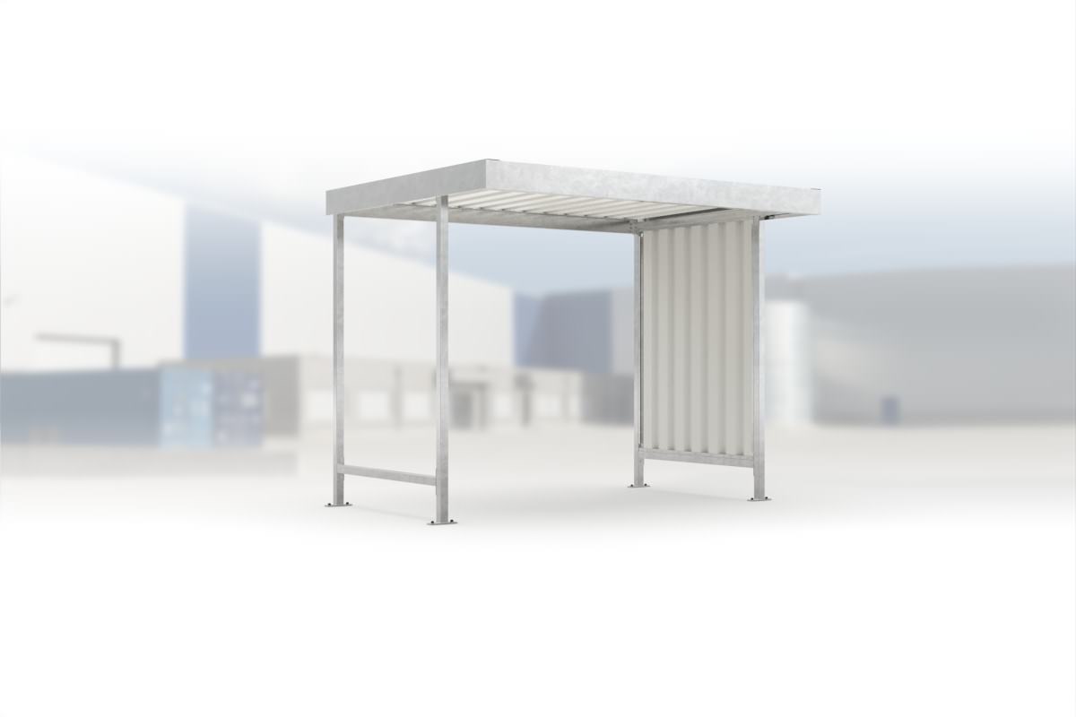 Überdachung Leipzig L12 feuerverzinkt, 2870 × 2200 mm, Flachdach mit Trapezblech, mit Trapezblech-Seitenwand rechts, offene Rückseite – Stahlbausatz zur Eigenaufstellung