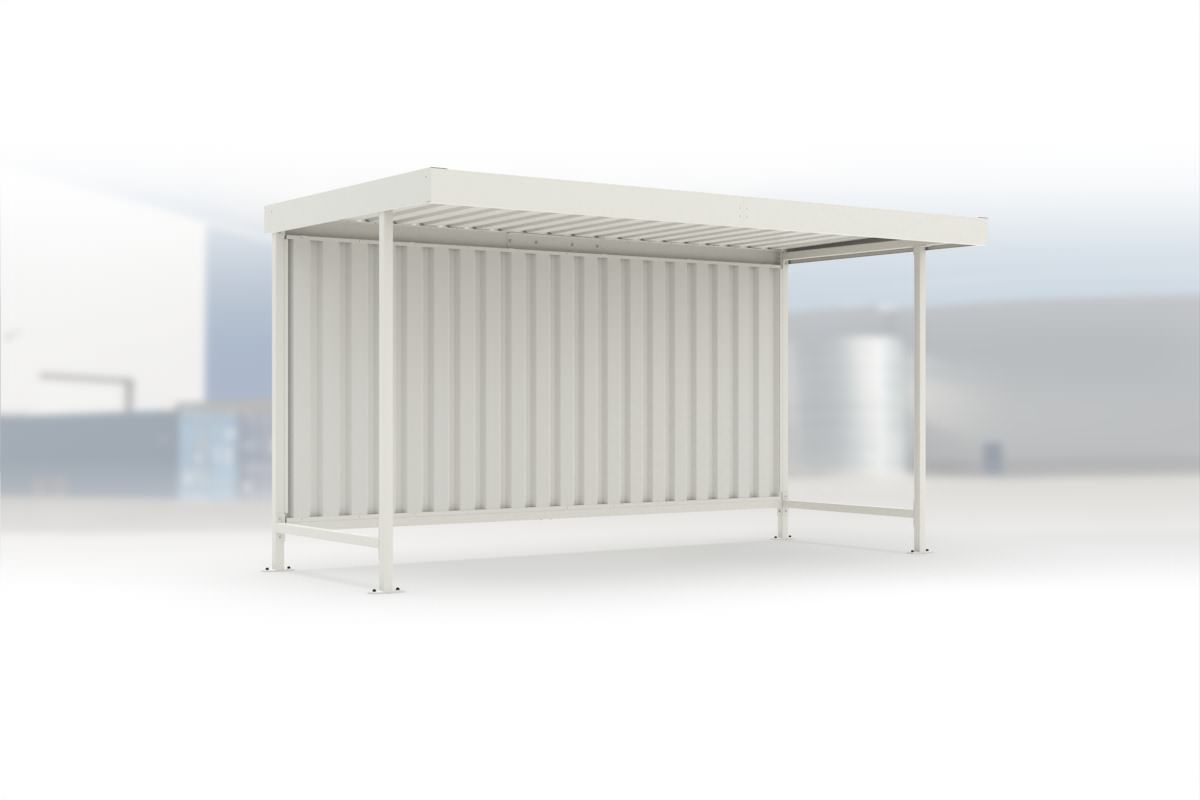 Überdachung Leipzig L14 RAL 9002 grauweiß, 4300 × 2200 mm, Flachdach mit Trapezblech, ohne Seitenwände, mit Rückwand – Stahlbausatz zur Eigenaufstellung