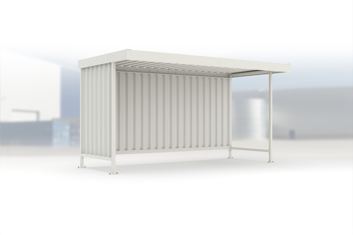 Überdachung Leipzig L14 RAL 9002 grauweiß, 4300 × 2200 mm, Flachdach mit Trapezblech, mit Trapezblech-Seitenwand links, mit Rückwand – Stahlbausatz zur Eigenaufstellung