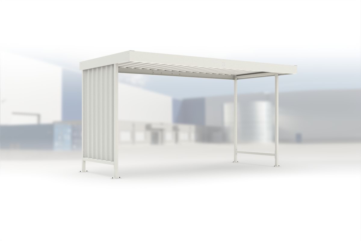 Überdachung Leipzig L14 RAL 9002 grauweiß, 4300 × 2200 mm, Flachdach mit Trapezblech, mit Trapezblech-Seitenwand links, offene Rückseite – Stahlbausatz zur Eigenaufstellung