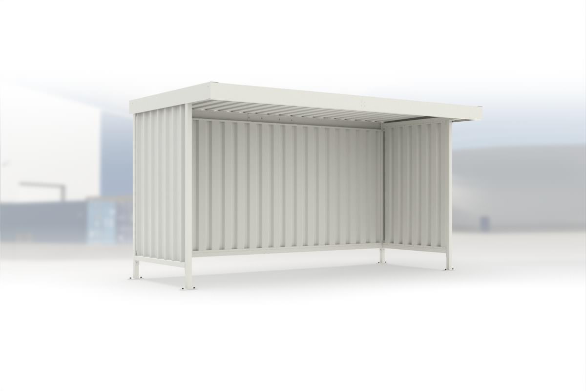 Überdachung Leipzig L14 RAL 9002 grauweiß, 4300 × 2200 mm, Flachdach mit Trapezblech, mit Trapezblech-Seitenwänden links und rechts, mit Rückwand – Stahlbausatz zur Eigenaufstellung