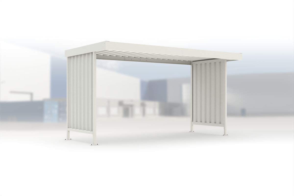 Überdachung Leipzig L14 RAL 9002 grauweiß, 4300 × 2200 mm, Flachdach mit Trapezblech, mit Trapezblech-Seitenwänden links und rechts, offene Rückseite – Stahlbausatz zur Eigenaufstellung