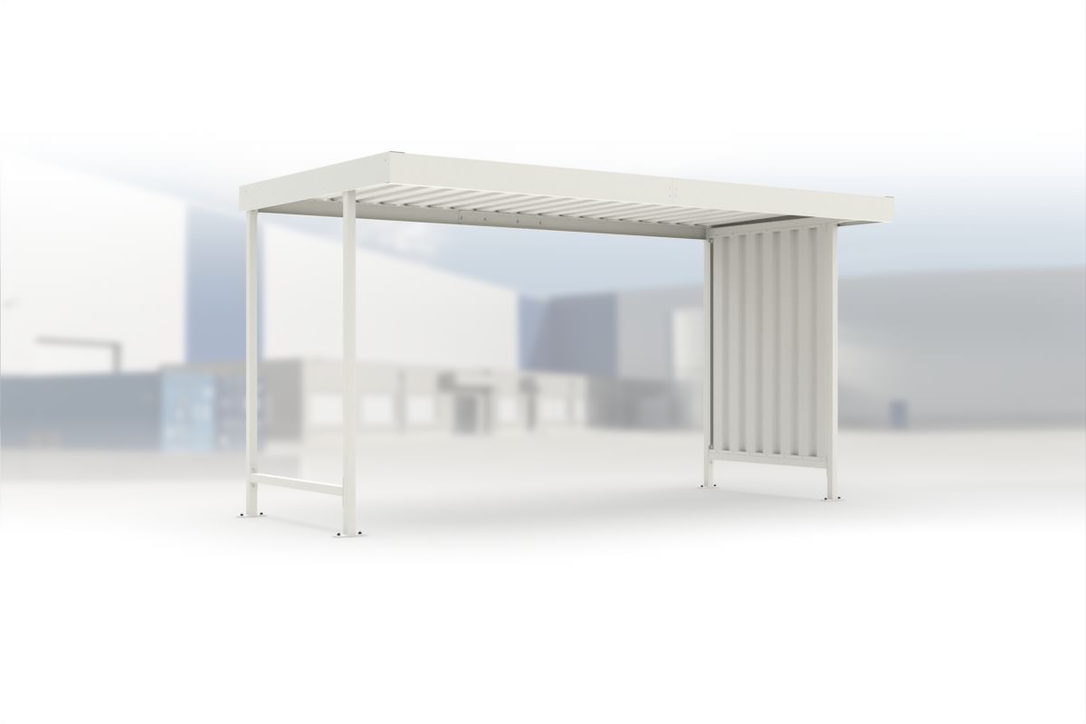 Überdachung Leipzig L14 RAL 9002 grauweiß, 4300 × 2200 mm, Flachdach mit Trapezblech, mit Trapezblech-Seitenwand rechts, offene Rückseite – Stahlbausatz zur Eigenaufstellung