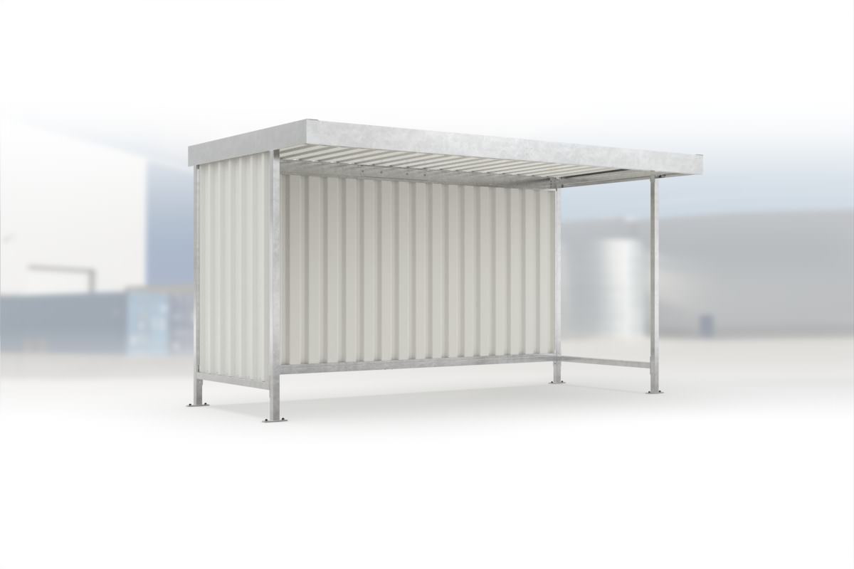 Überdachung Leipzig L14 feuerverzinkt, 4300 × 2200 mm, Flachdach mit Trapezblech, mit Trapezblech-Seitenwand links, mit Rückwand – Stahlbausatz zur Eigenaufstellung
