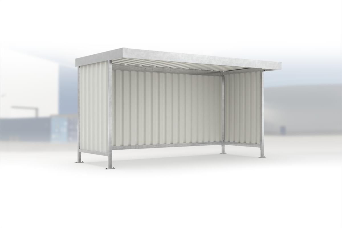 Überdachung Leipzig L14 feuerverzinkt, 4300 × 2200 mm, Flachdach mit Trapezblech, mit Trapezblech-Seitenwänden links und rechts, mit Rückwand – Stahlbausatz zur Eigenaufstellung
