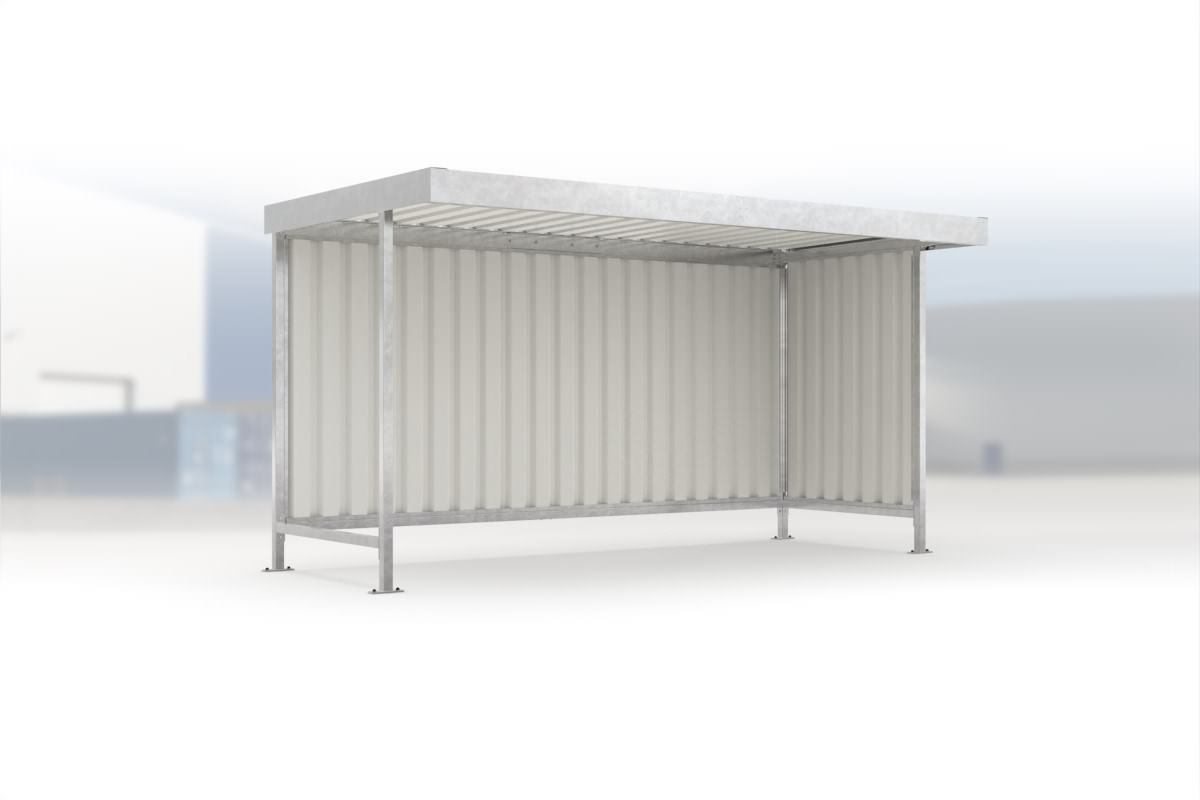 Überdachung Leipzig L14 feuerverzinkt, 4300 × 2200 mm, Flachdach mit Trapezblech, mit Trapezblech-Seitenwand rechts, mit Rückwand – Stahlbausatz zur Eigenaufstellung