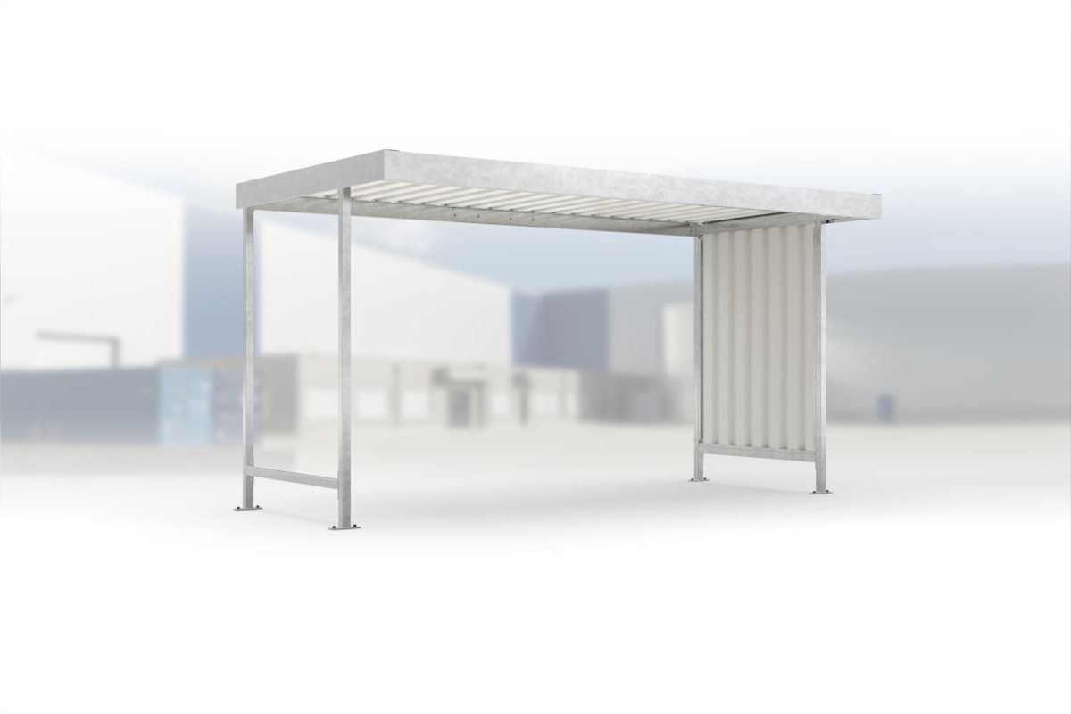 Überdachung Leipzig L14 feuerverzinkt, 4300 × 2200 mm, Flachdach mit Trapezblech, mit Trapezblech-Seitenwand rechts, offene Rückseite – Stahlbausatz zur Eigenaufstellung