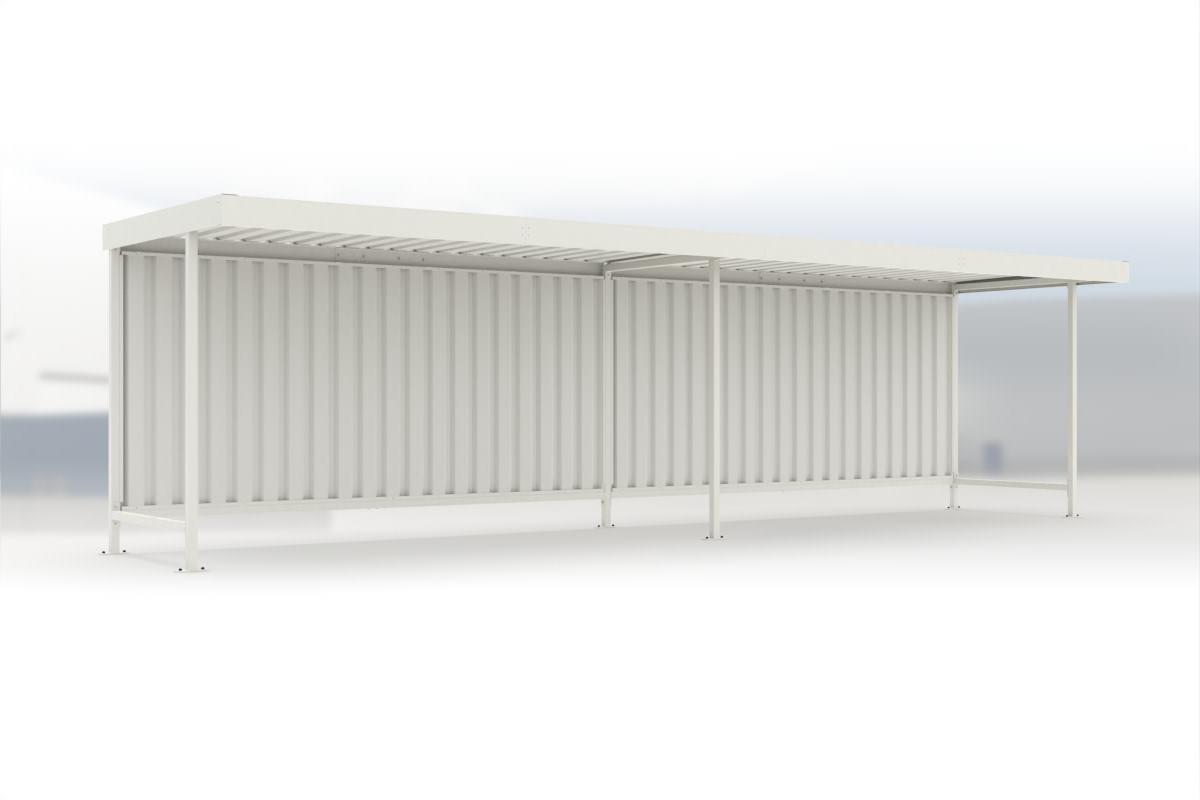 Anbaueinheit Leipzig L15 RAL 9002 grauweiß, 4300 × 2200 mm, Flachdach mit Trapezblech, ohne Seitenwände, mit Rückwand – Stahlbausatz zur Eigenaufstellung