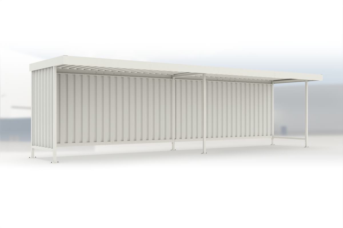 Anbaueinheit Leipzig L15 RAL 9002 grauweiß, 4300 × 2200 mm, Flachdach mit Trapezblech, mit Trapezblech-Seitenwand links, mit Rückwand – Stahlbausatz zur Eigenaufstellung