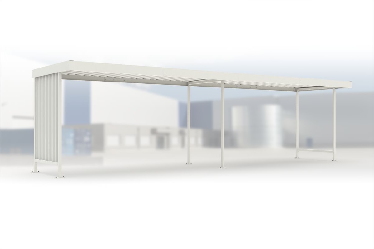 Anbaueinheit Leipzig L15 RAL 9002 grauweiß, 4300 × 2200 mm, Flachdach mit Trapezblech, mit Trapezblech-Seitenwand links, offene Rückseite – Stahlbausatz zur Eigenaufstellung
