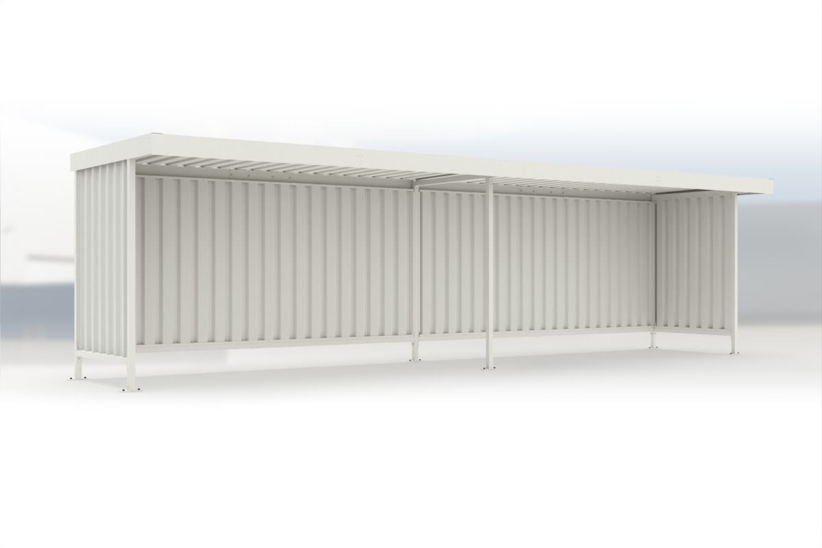 Anbaueinheit Leipzig L15 RAL 9002 grauweiß, 4300 × 2200 mm, Flachdach mit Trapezblech, mit Trapezblech-Seitenwänden links und rechts, mit Rückwand – Stahlbausatz zur Eigenaufstellung