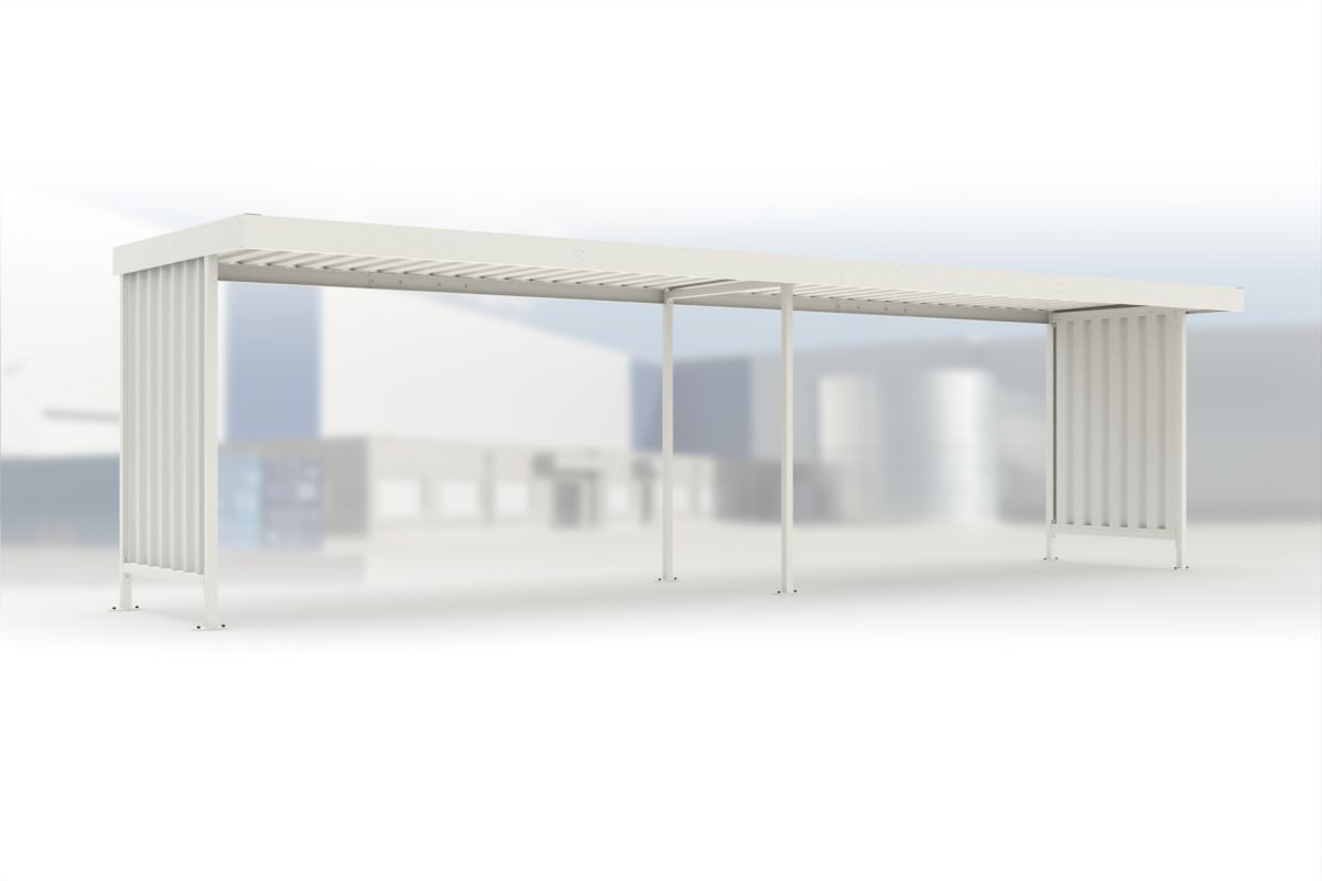 Anbaueinheit Leipzig L15 RAL 9002 grauweiß, 4300 × 2200 mm, Flachdach mit Trapezblech, mit Trapezblech-Seitenwänden links und rechts, offene Rückseite – Stahlbausatz zur Eigenaufstellung