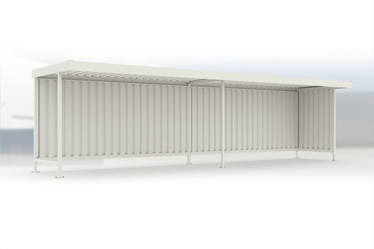 Anbaueinheit Leipzig L15 RAL 9002 grauweiß, 4300 × 2200 mm, Flachdach mit Trapezblech, mit Trapezblech-Seitenwand rechts, mit Rückwand – Stahlbausatz zur Eigenaufstellung