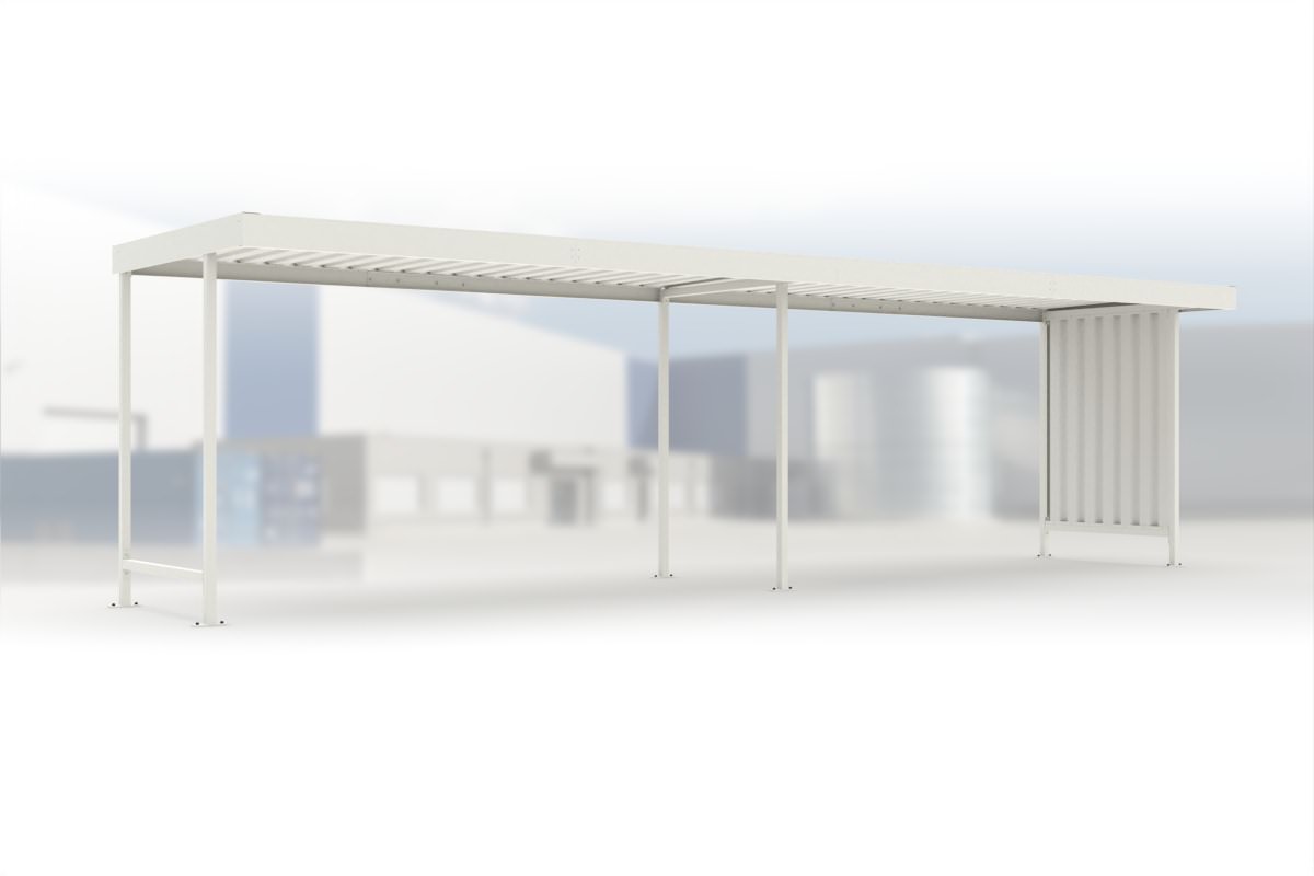 Anbaueinheit Leipzig L15 RAL 9002 grauweiß, 4300 × 2200 mm, Flachdach mit Trapezblech, mit Trapezblech-Seitenwand rechts, offene Rückseite – Stahlbausatz zur Eigenaufstellung