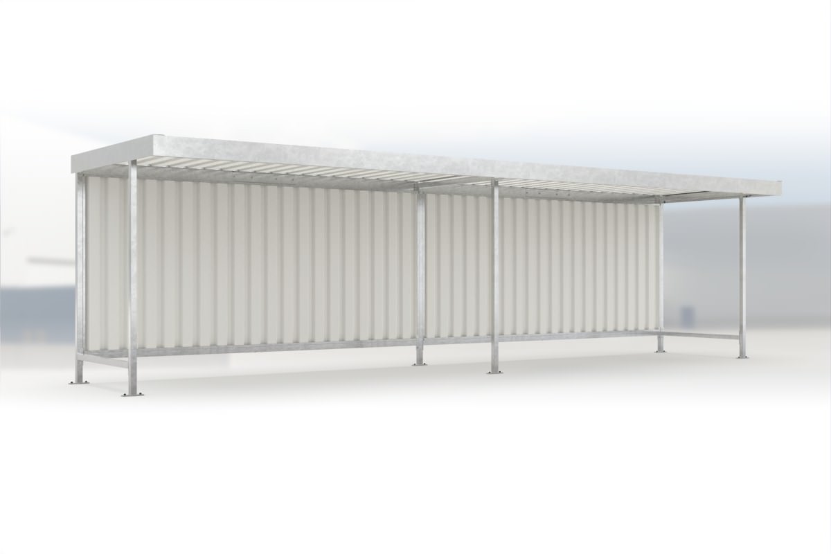 Anbaueinheit Leipzig L15 feuerverzinkt, 4300 × 2200 mm, Flachdach mit Trapezblech, ohne Seitenwände, mit Rückwand – Stahlbausatz zur Eigenaufstellung