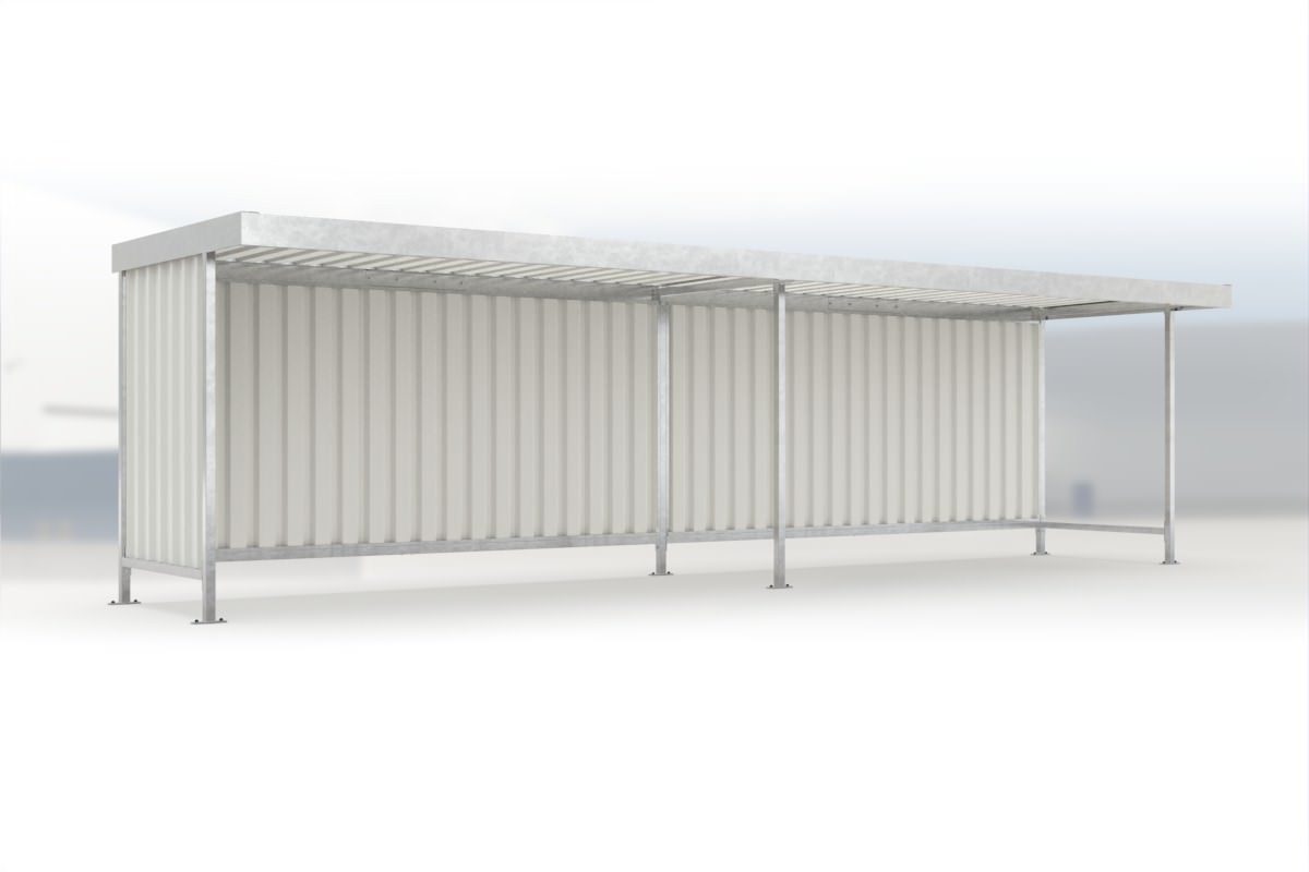 Anbaueinheit Leipzig L15 feuerverzinkt, 4300 × 2200 mm, Flachdach mit Trapezblech, mit Trapezblech-Seitenwand links, mit Rückwand – Stahlbausatz zur Eigenaufstellung
