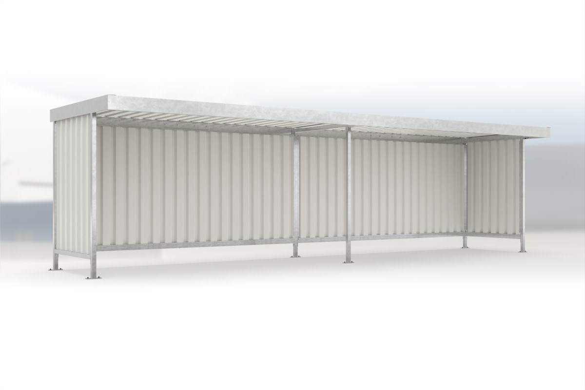 Anbaueinheit Leipzig L15 feuerverzinkt, 4300 × 2200 mm, Flachdach mit Trapezblech, mit Trapezblech-Seitenwänden links und rechts, mit Rückwand – Stahlbausatz zur Eigenaufstellung