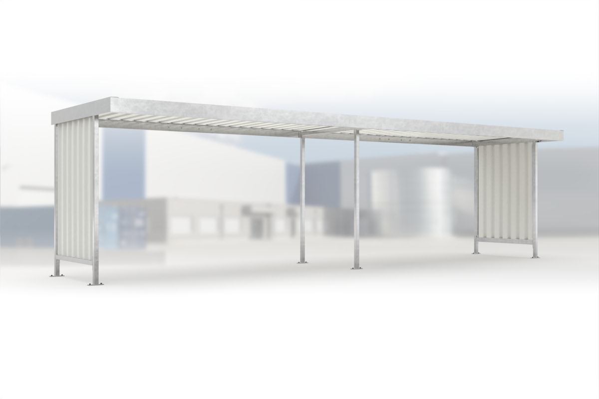 Anbaueinheit Leipzig L15 feuerverzinkt, 4300 × 2200 mm, Flachdach mit Trapezblech, mit Trapezblech-Seitenwänden links und rechts, offene Rückseite – Stahlbausatz zur Eigenaufstellung