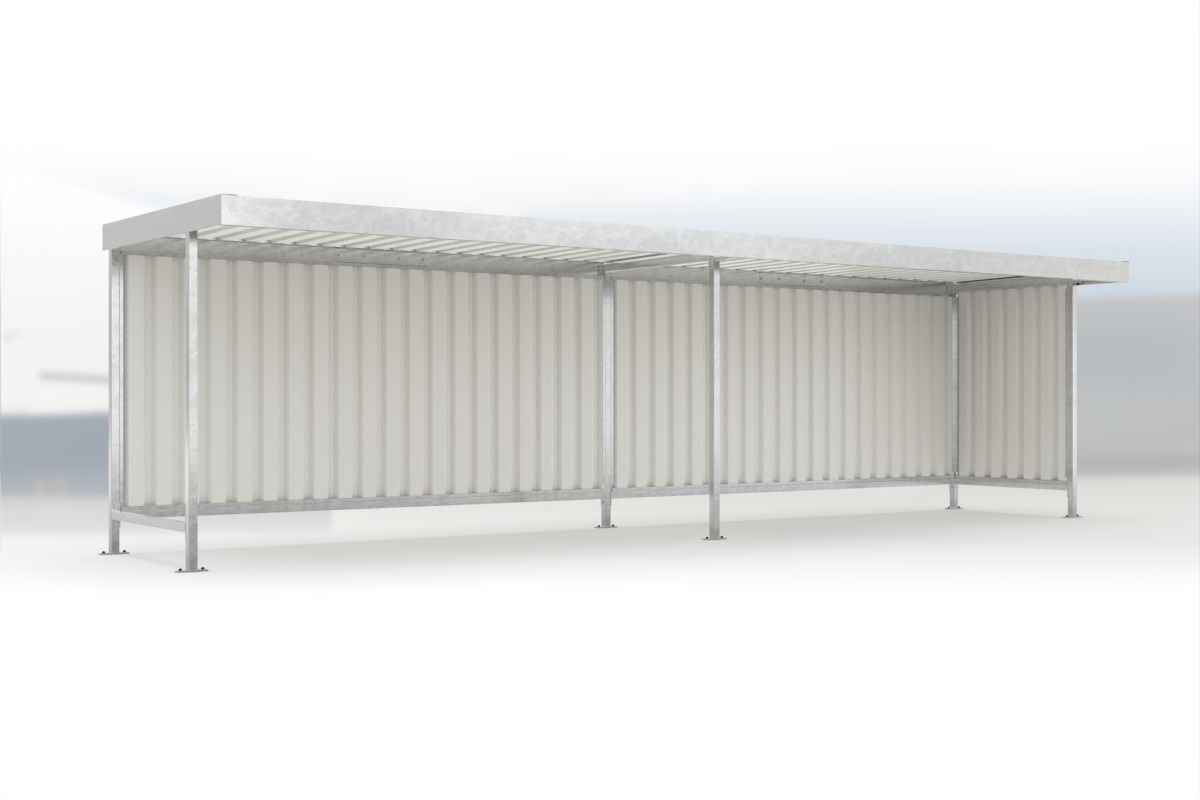 Anbaueinheit Leipzig L15 feuerverzinkt, 4300 × 2200 mm, Flachdach mit Trapezblech, mit Trapezblech-Seitenwand rechts, mit Rückwand – Stahlbausatz zur Eigenaufstellung