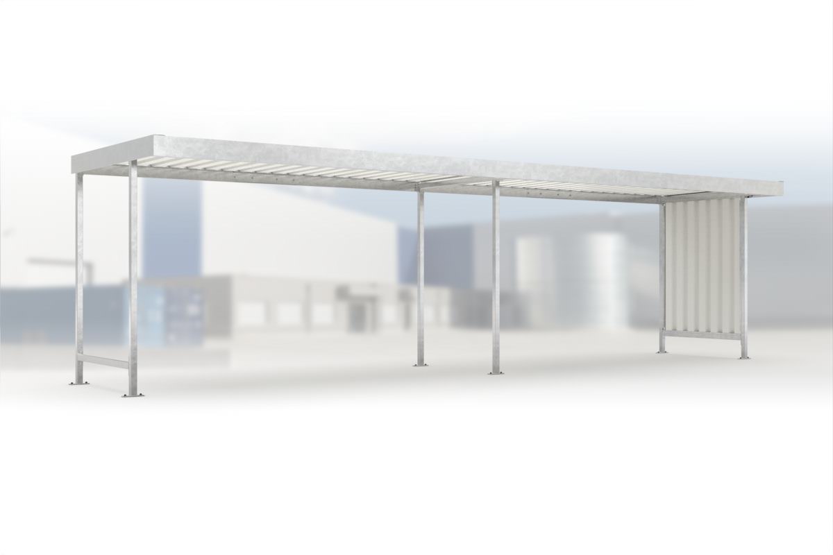Anbaueinheit Leipzig L15 feuerverzinkt, 4300 × 2200 mm, Flachdach mit Trapezblech, mit Trapezblech-Seitenwand rechts, offene Rückseite – Stahlbausatz zur Eigenaufstellung