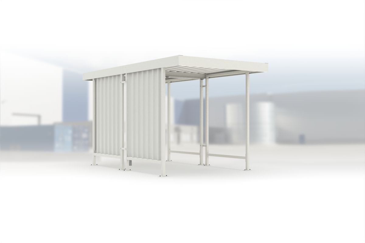 Carport Leipzig L40 RAL 9002 grauweiß, 2250 × 4400 mm, Flachdach mit Trapezblech, mit Trapezblech-Seitenwand links – Stahlbausatz zur Eigenaufstellung