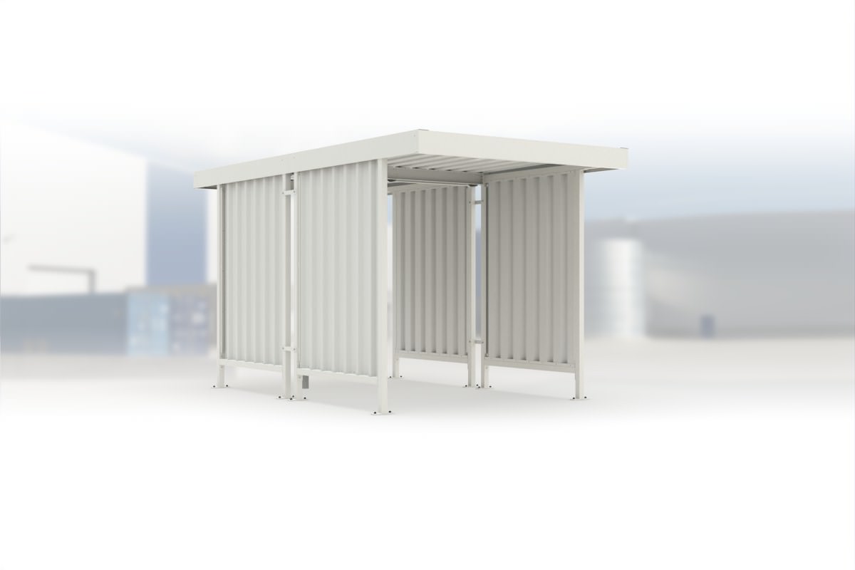 Carport Leipzig L40 RAL 9002 grauweiß, 2250 × 4400 mm, Flachdach mit Trapezblech, mit Trapezblech-Seitenwänden links und rechts – Stahlbausatz zur Eigenaufstellung