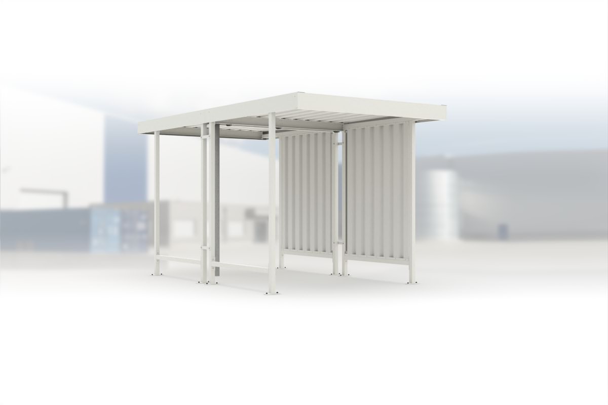Carport Leipzig L40 RAL 9002 grauweiß, 2250 × 4400 mm, Flachdach mit Trapezblech, mit Trapezblech-Seitenwand rechts – Stahlbausatz zur Eigenaufstellung