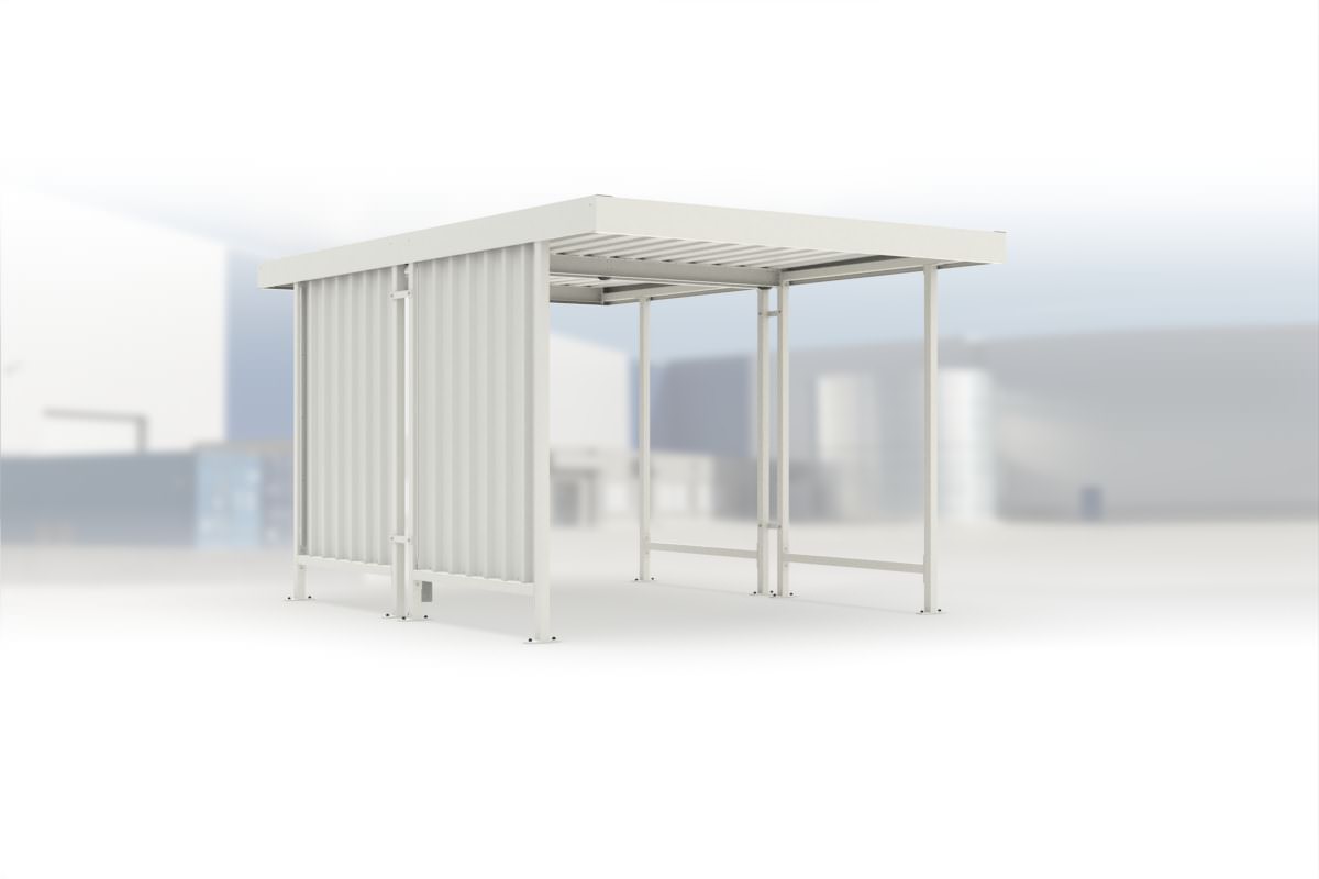 Carport Leipzig L42 RAL 9002 grauweiß, 2870 × 4400 mm, Flachdach mit Trapezblech, mit Trapezblech-Seitenwand links – Stahlbausatz zur Eigenaufstellung