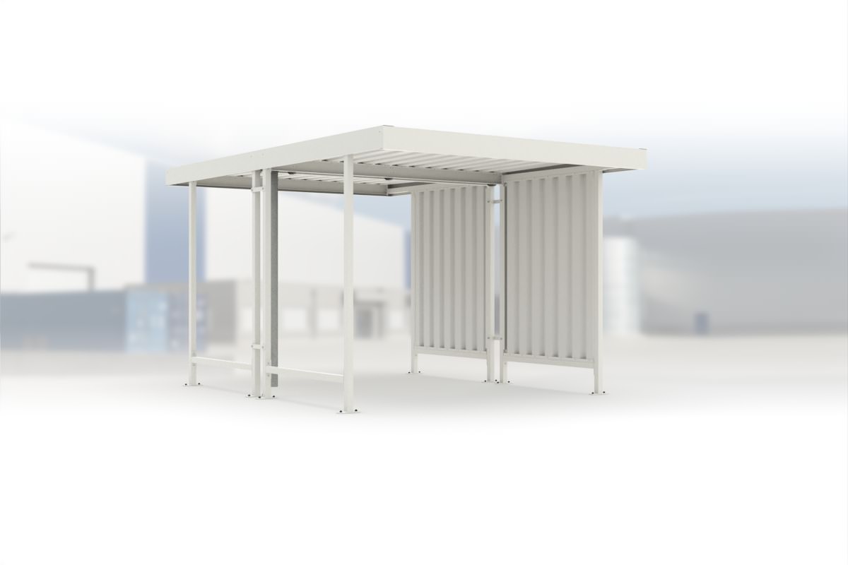 Carport Leipzig L42 RAL 9002 grauweiß, 2870 × 4400 mm, Flachdach mit Trapezblech, mit Trapezblech-Seitenwand rechts – Stahlbausatz zur Eigenaufstellung