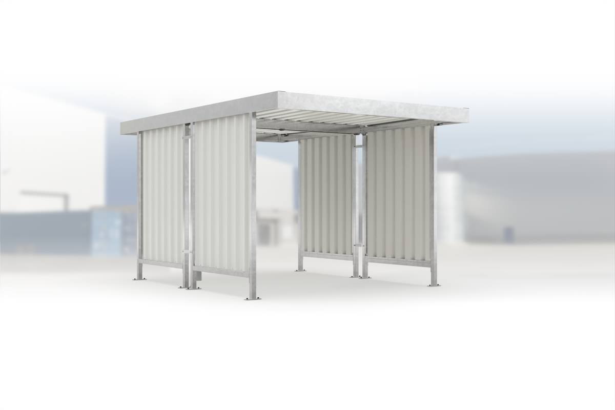 Carport Leipzig L42 feuerverzinkt, 2870 × 4400 mm, Flachdach mit Trapezblech, mit Trapezblech-Seitenwänden links und rechts – Stahlbausatz zur Eigenaufstellung